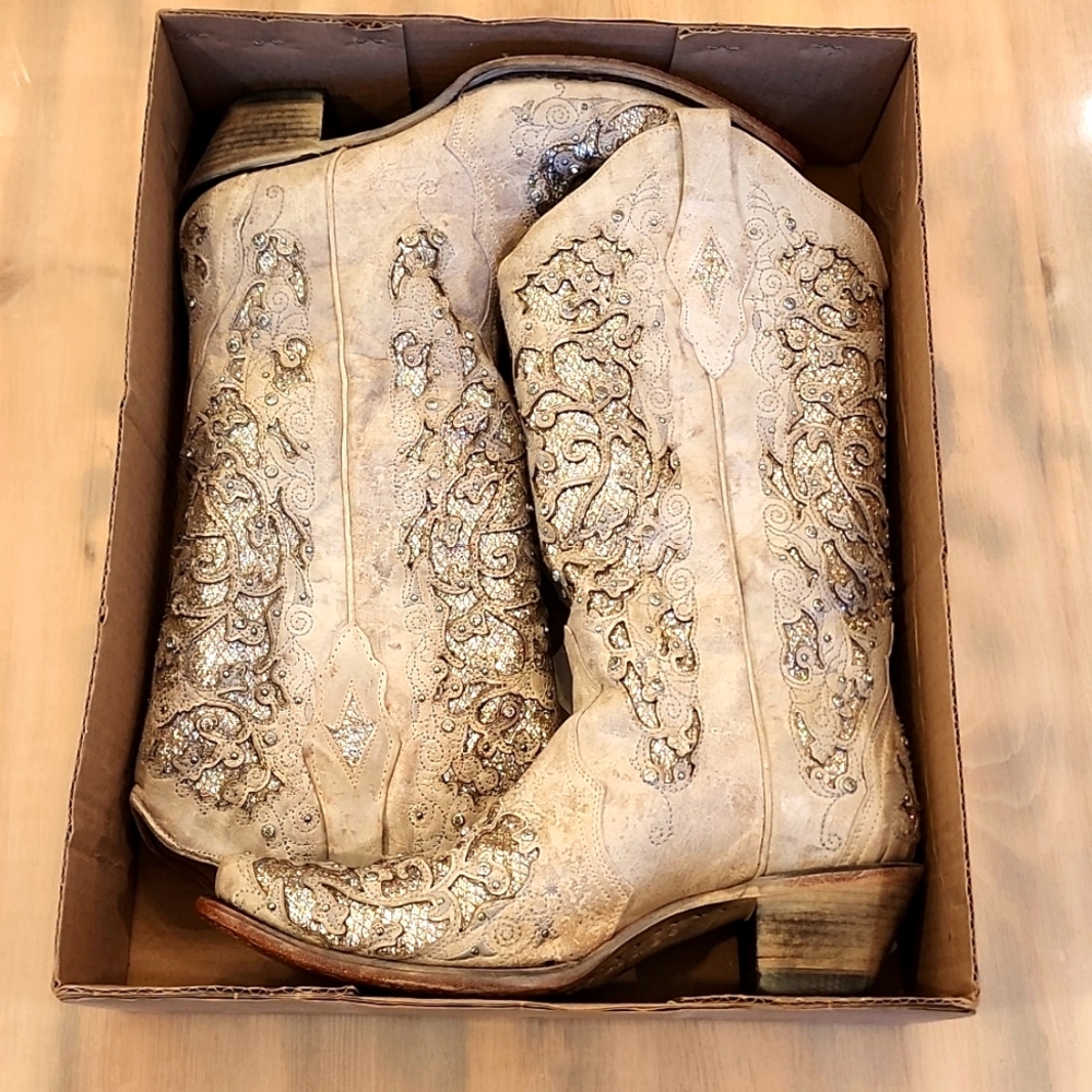 Corral Women's Size 11 White Glitter Inlay & Crystals
